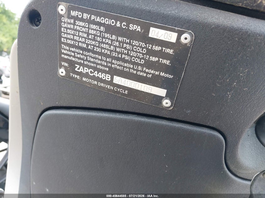 2010 Piaggio Fly 50 VIN: ZAPC446B6A4000109 Lot: 45644585