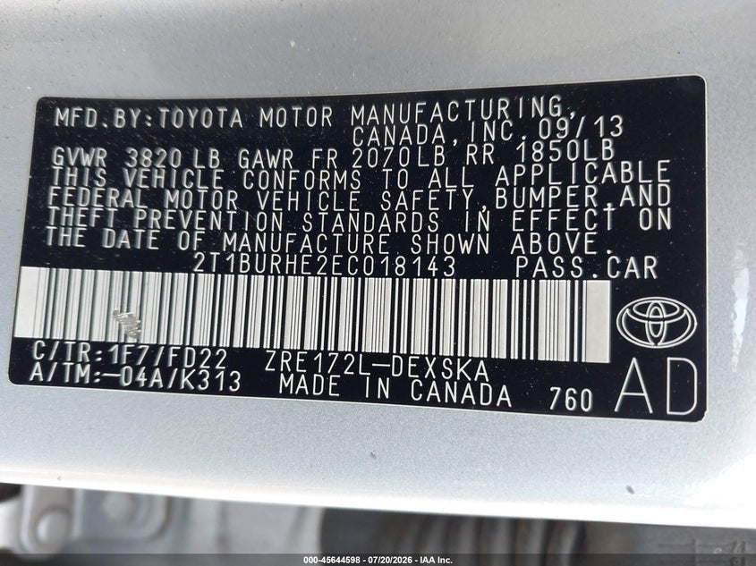 2014 Toyota Corolla S VIN: 2T1BURHE2EC018143 Lot: 45644598