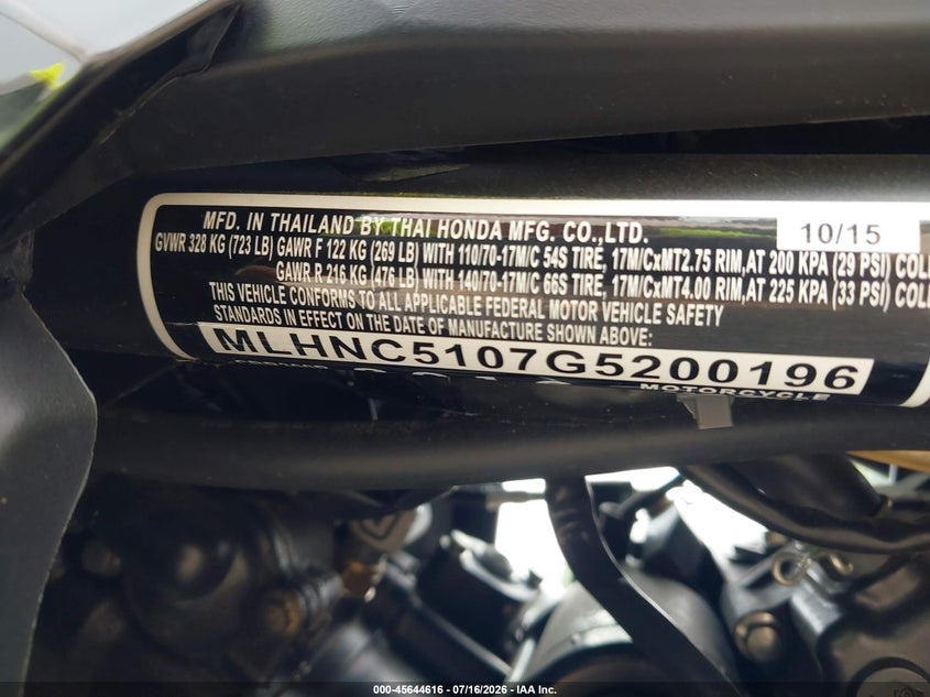 2016 Honda Cbr300 R VIN: MLHNC5107G5200196 Lot: 45644616