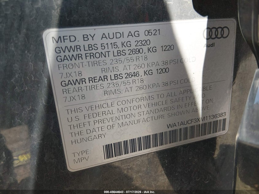 AUDI Q3 2021 VIN WA1AUCF3XM1136383