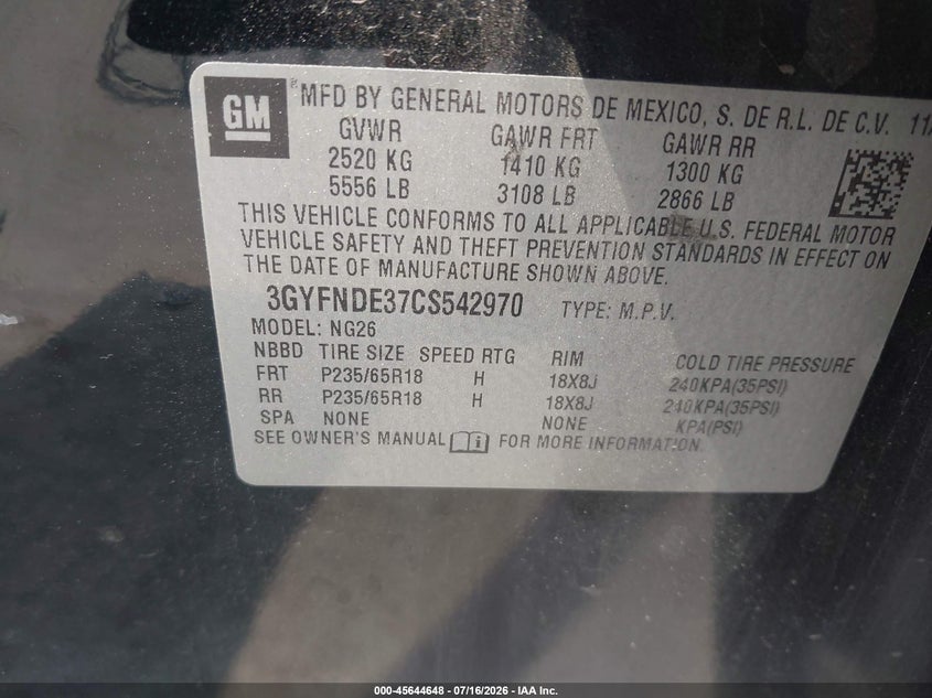 2012 Cadillac Srx Luxury Collection VIN: 3GYFNDE37CS542970 Lot: 45644648