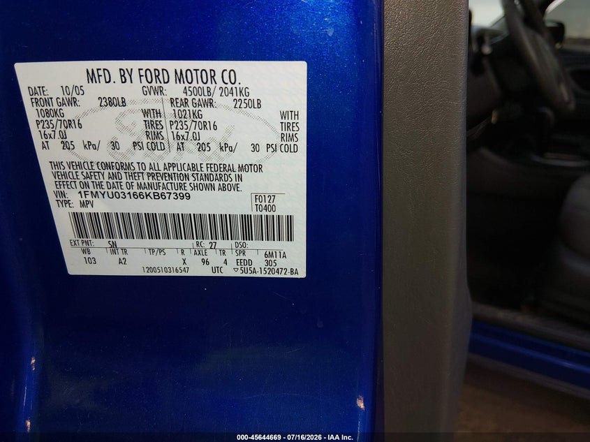2006 FORD ESCAPE SPORT UTILITY VEHICLE 3.0L V-6 DOHC, 200HP