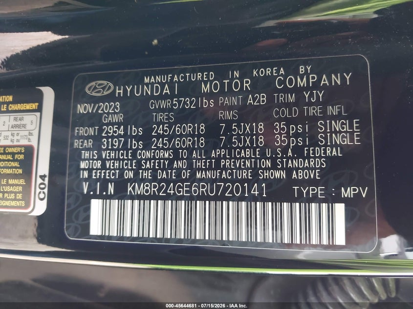2024 Hyundai Palisade Sel VIN: KM8R24GE6RU720141 Lot: 45644681