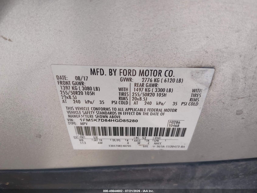 2017 Ford Explorer Xlt VIN: 1FM5K7D84HGD85280 Lot: 45644682