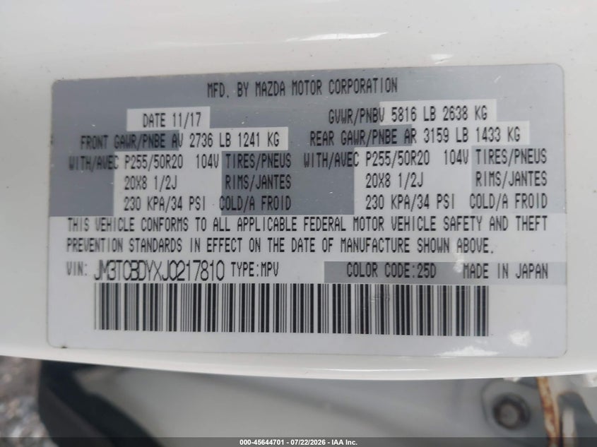 MAZDA CX-9 2018 VIN JM3TCBDYXJ0217810