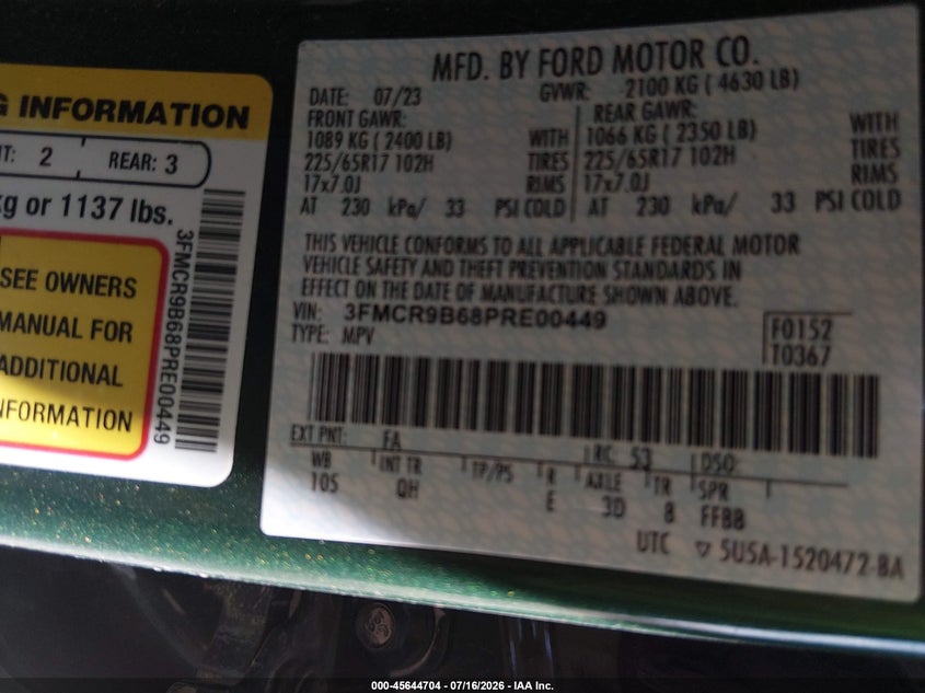 2023 Ford Bronco Sport Big Bend VIN: 3FMCR9B68PRE00449 Lot: 45644704