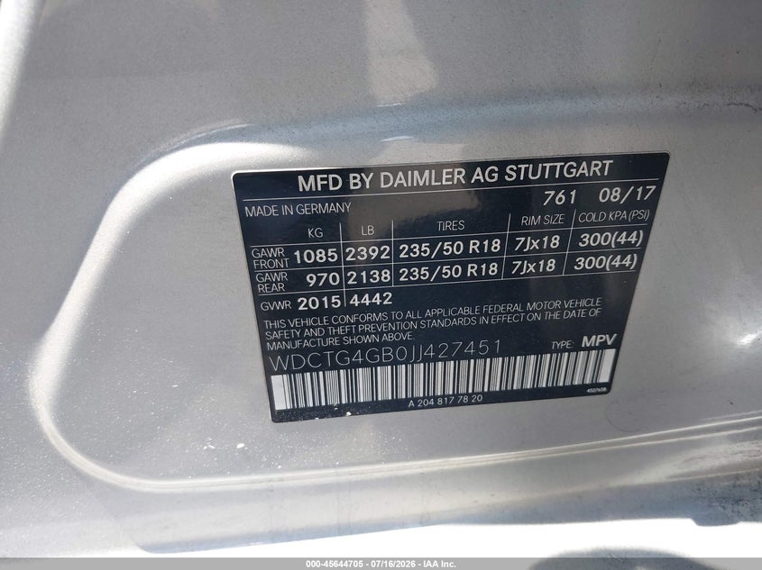 2018 Mercedes-Benz Gla 250 4Matic VIN: WDCTG4GB0JJ427451 Lot: 45644705