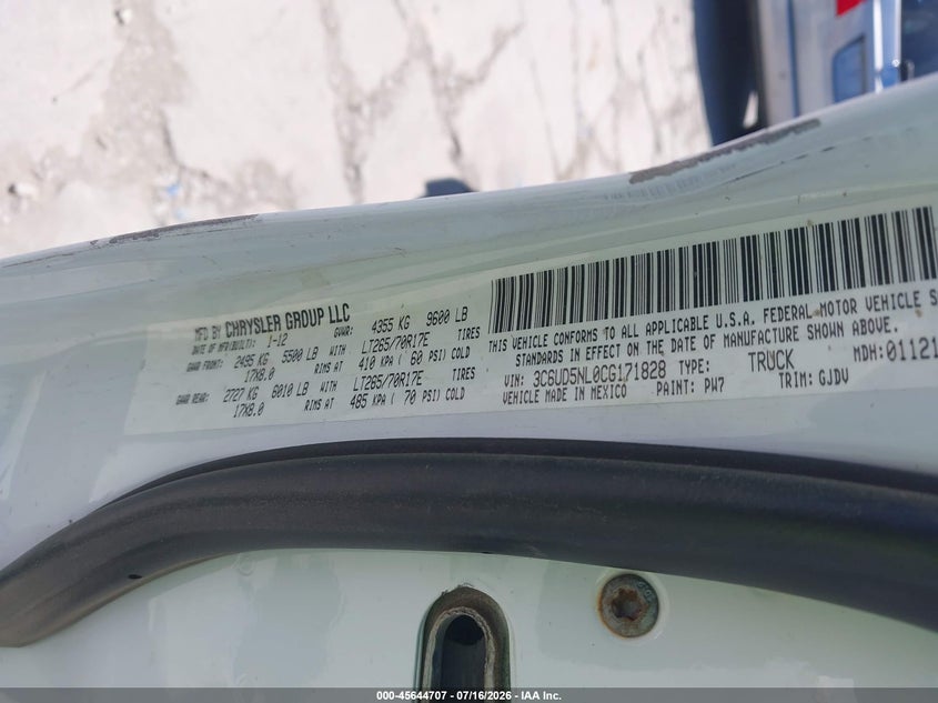 2012 Ram 2500 Laramie VIN: 3C6UD5NL0CG171828 Lot: 45644707
