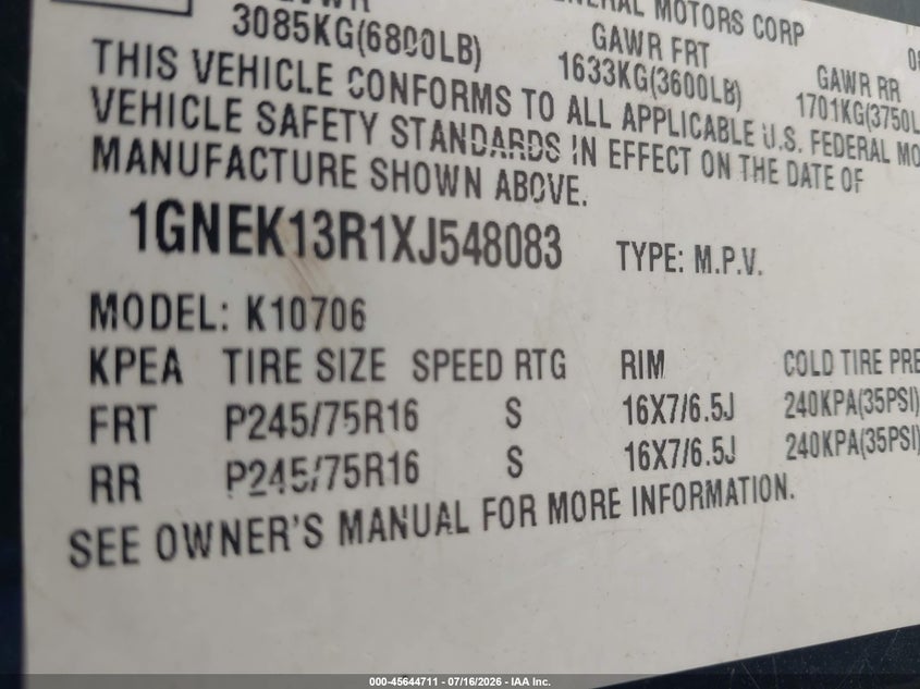 1999 Chevrolet Tahoe Ls VIN: 1GNEK13R1XJ548083 Lot: 45644711