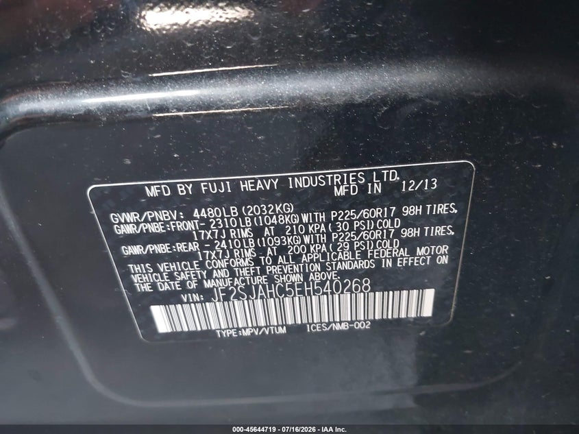 2014 SUBARU FORESTER SPORT UTILITY VEHICLE 2.5L H-4 DOHC, VVT, 170HP