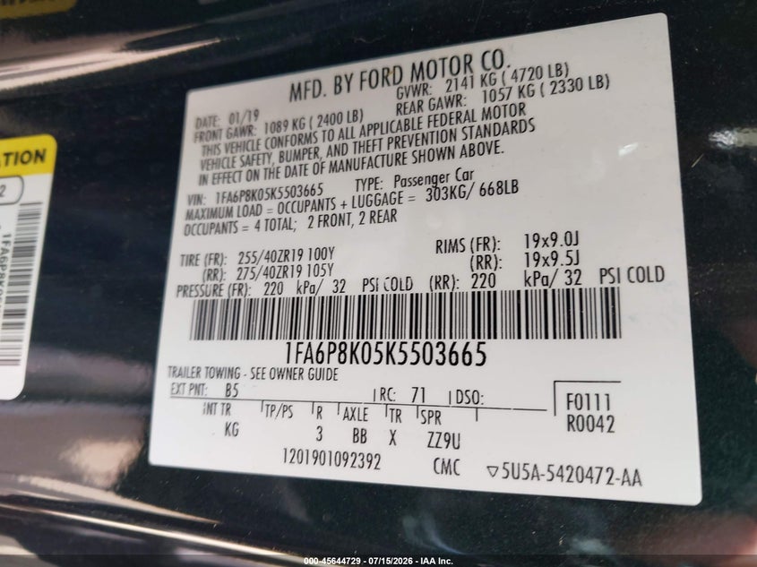 2019 FORD MUSTANG COUPE 5.0L V-8 DI, DOHC, VVT, 480HP