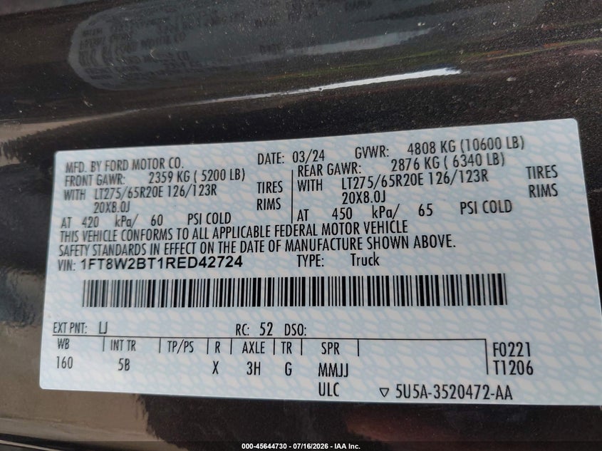 2024 Ford F-250 Lariat VIN: 1FT8W2BT1RED42724 Lot: 45644730