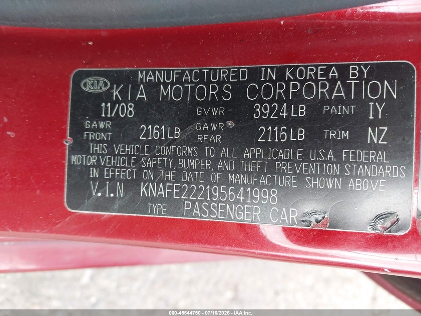 2009 Kia Spectra Ex VIN: KNAFE222195641998 Lot: 45644750