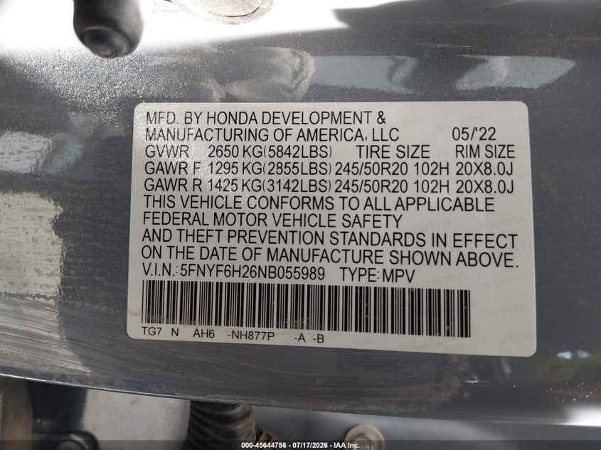 HONDA PILOT 2022 VIN 5FNYF6H26NB055989