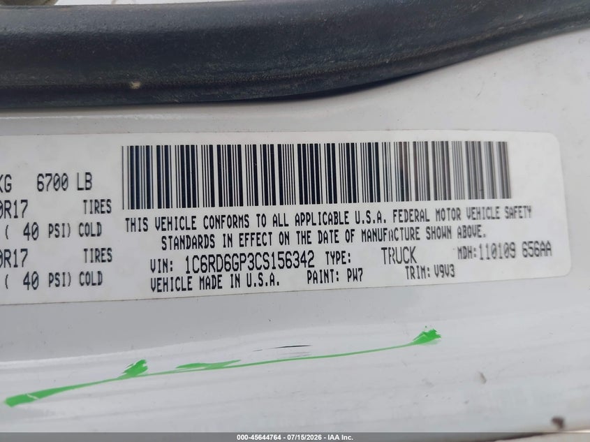 2012 Ram 1500 Slt VIN: 1C6RD6GP3CS156342 Lot: 45644764