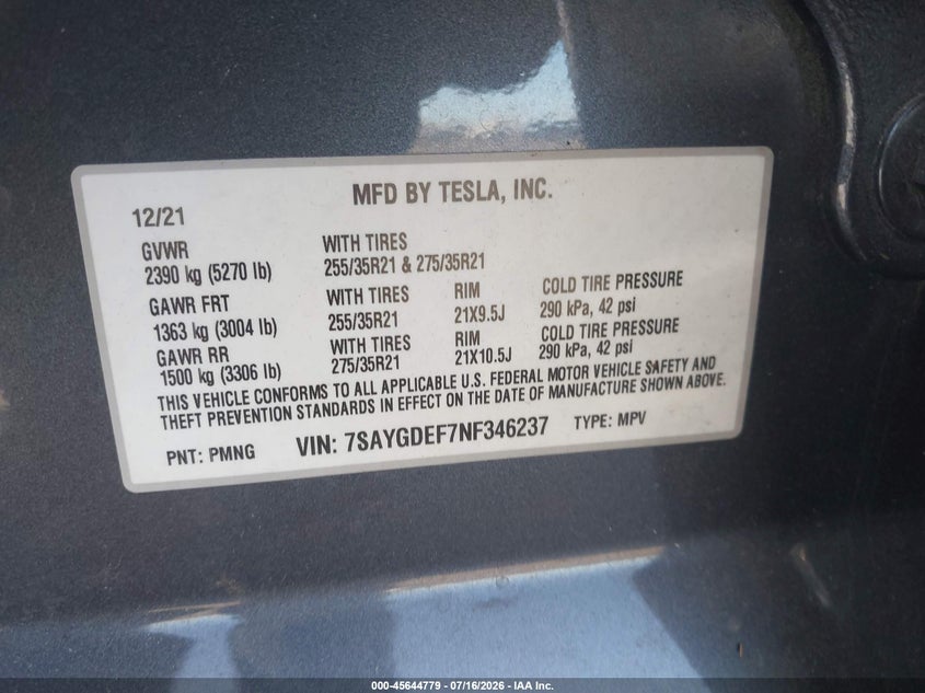 2022 Tesla Model Y Performance Dual Motor All-Wheel Drive VIN: 7SAYGDEF7NF346237 Lot: 45644779