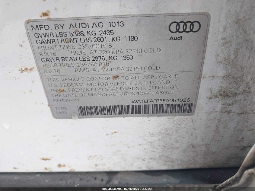 2014 Audi Q5 2.0T Premium VIN: WA1LFAFP5EA051026 Lot: 45644794
