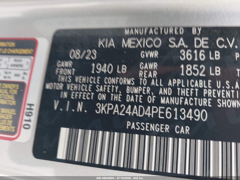 2023 Kia Rio S VIN: 3KPA24AD4PE613490 Lot: 45644804