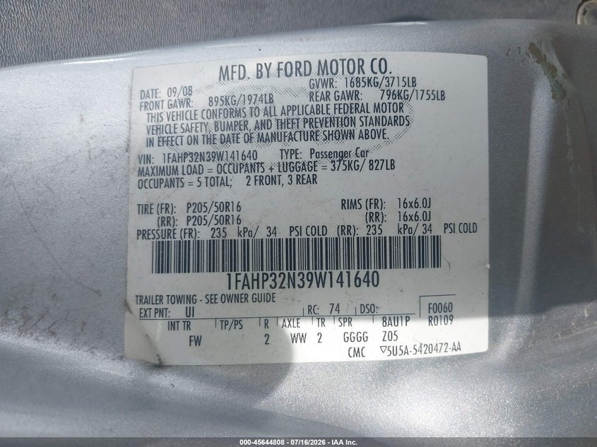 2009 Ford Focus Se VIN: 1FAHP32N39W141640 Lot: 45644808