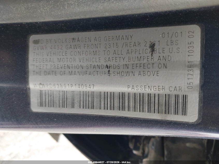2001 Volkswagen Passat Gls VIN: WVWPD63B91P140947 Lot: 45644827