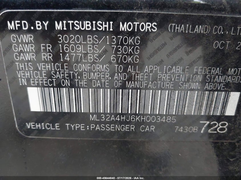 MITSUBISHI MIRAGE 2019 VIN ML32A4HJ6KH003485