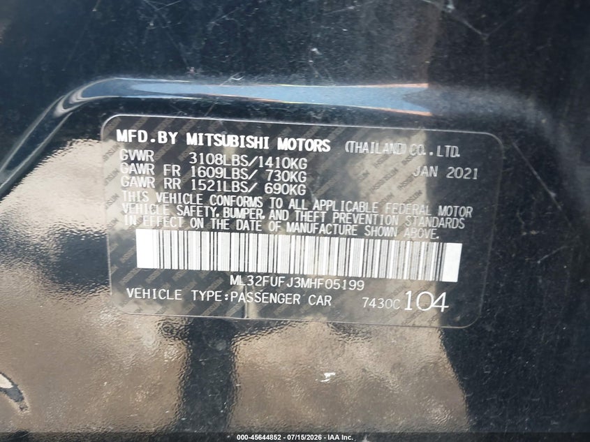 2021 Mitsubishi Mirage G4 Carbonite Edition/Es/Le VIN: ML32FUFJ3MHF05199 Lot: 45644852