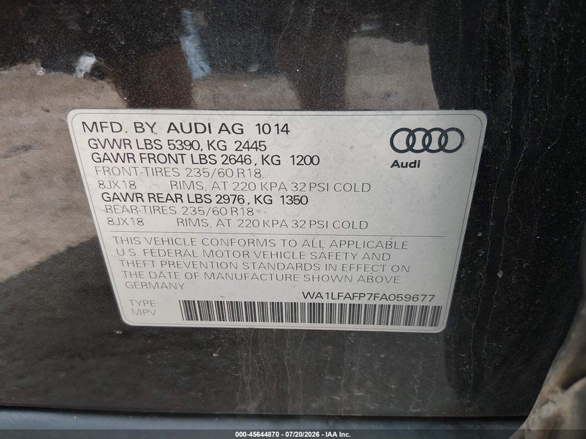 2015 Audi Q5 2.0T Premium VIN: WA1LFAFP7FA059677 Lot: 45644870