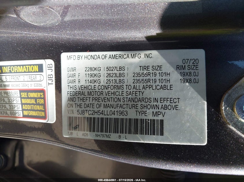 2020 Acura Rdx Technology Package VIN: 5J8TC2H54LL041963 Lot: 45644961