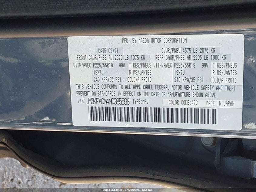 2021 Mazda Cx-5 Carbon Edition VIN: JM3KFACM4M0385698 Lot: 45644988