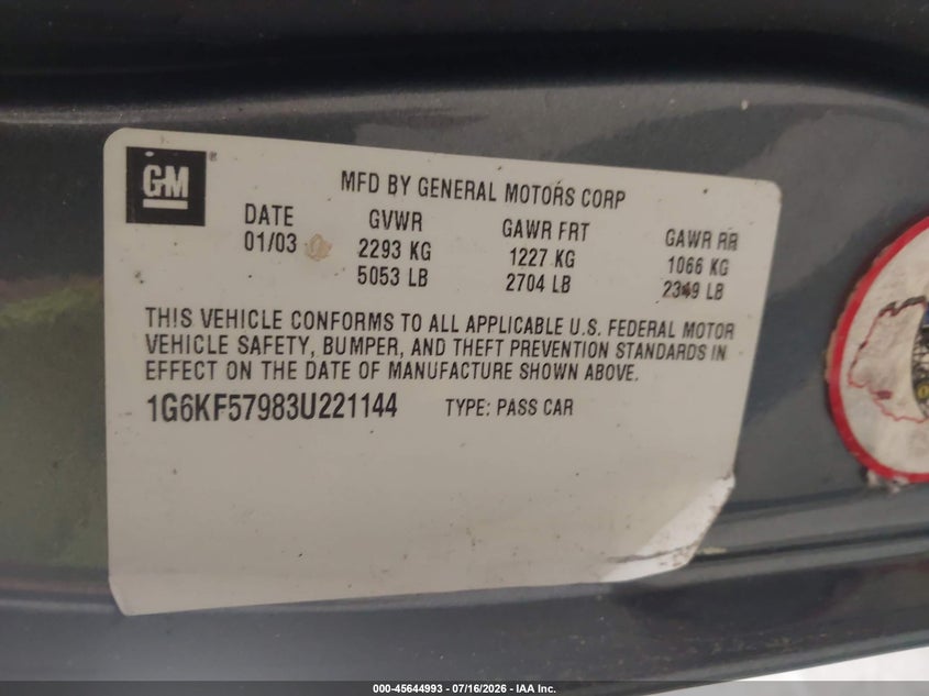 2003 Cadillac Deville Dts VIN: 1G6KF57983U221144 Lot: 45644993