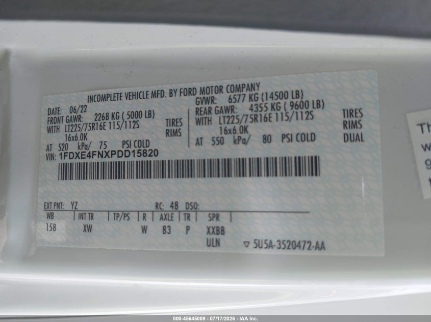 2023 Ford E-450 Cutaway VIN: 1FDXE4FNXPDD15820 Lot: 45645009