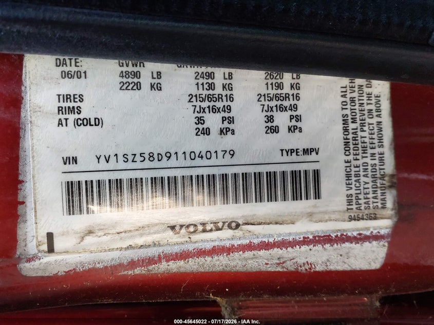 2001 Volvo V70 VIN: 2YV1SZ58D91104017 Lot: 45645022