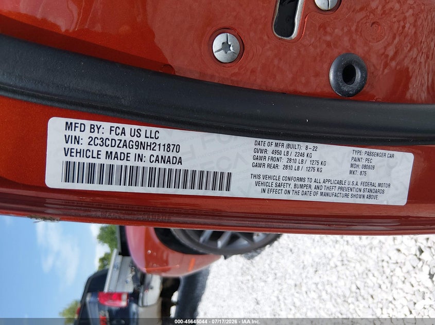 2022 Dodge Challenger Sxt VIN: 2C3CDZAG9NH211870 Lot: 45645044