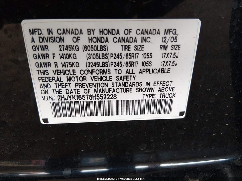 2006 Honda Ridgeline Rtl VIN: 2HJYK16576H552228 Lot: 45645059
