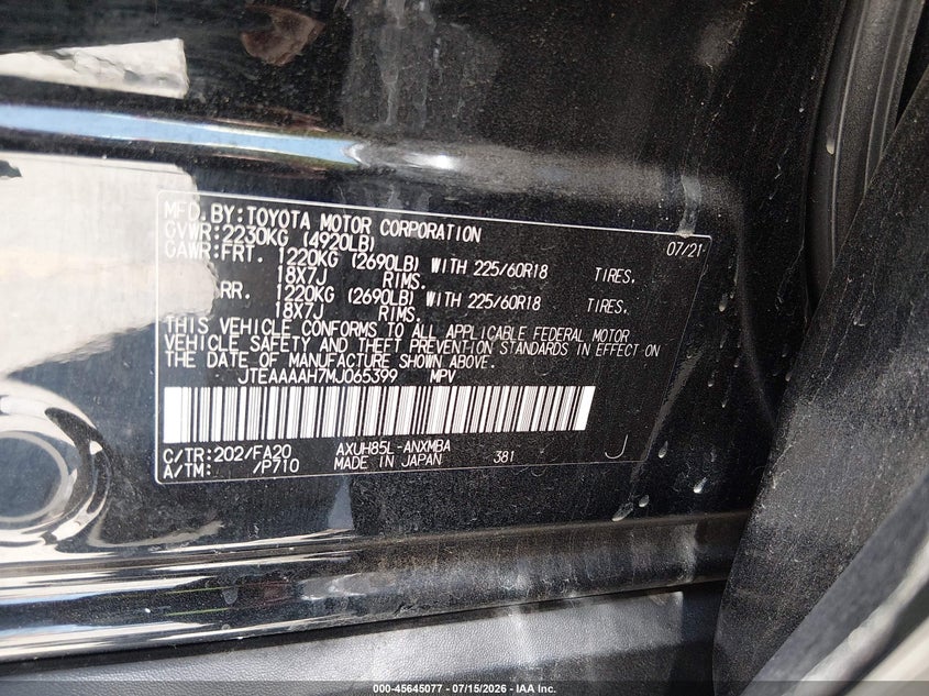 2021 Toyota Venza Le VIN: JTEAAAAH7MJ065399 Lot: 45645077