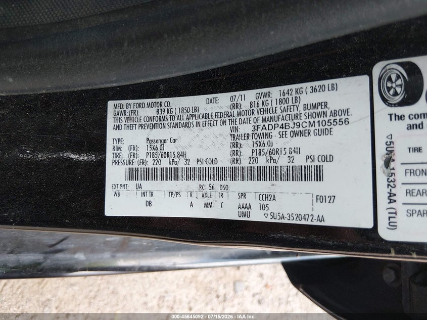 2012 Ford Fiesta Se VIN: 3FADP4BJ9CM105556 Lot: 45645092