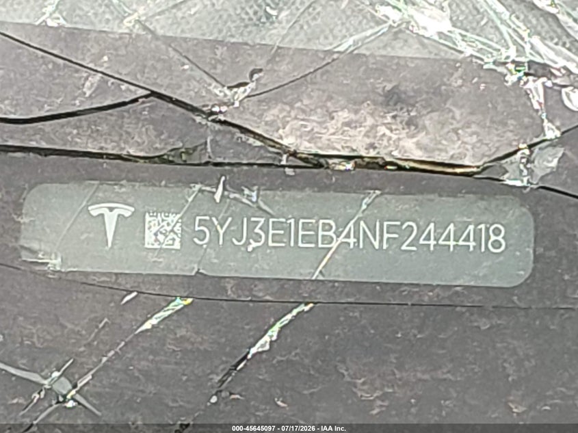 TESLA MODEL 3 2022 VIN 5YJ3E1EB4NF244418