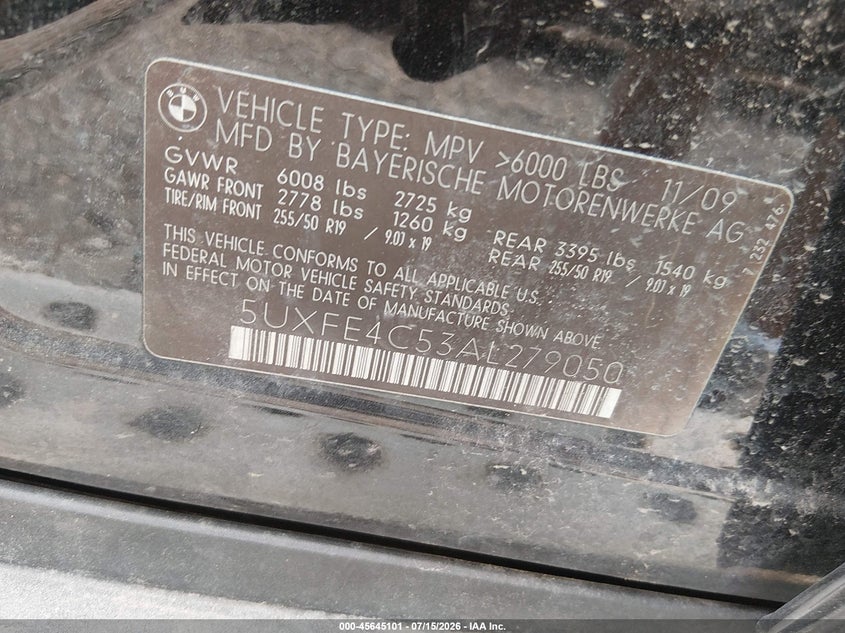 2010 BMW X5 xDrive30I VIN: 5UXFE4C53AL279050 Lot: 45645101