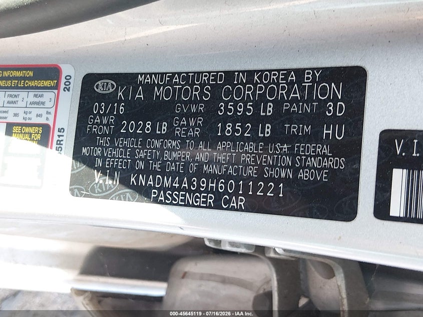 2017 Kia Rio Lx VIN: KNADM4A39H6011221 Lot: 45645119