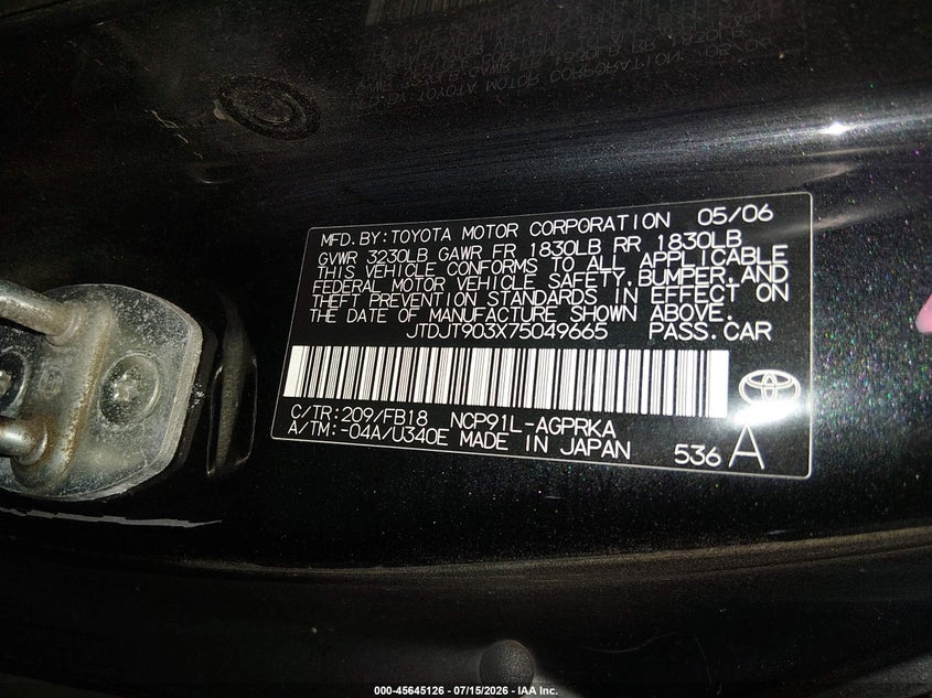 2007 Toyota Yaris VIN: JTDJT903X75049665 Lot: 45645126