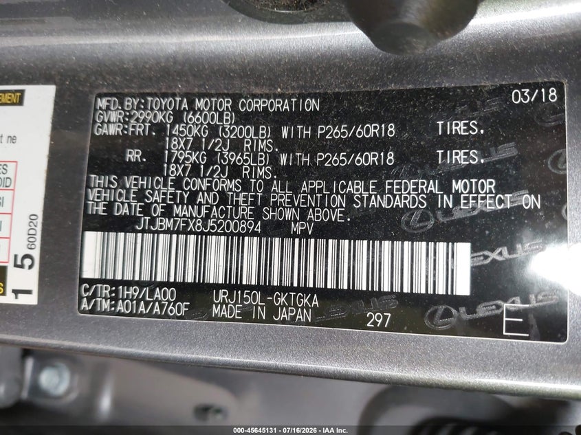 2018 Lexus Gx 460 VIN: JTJBM7FX8J5200894 Lot: 45645131