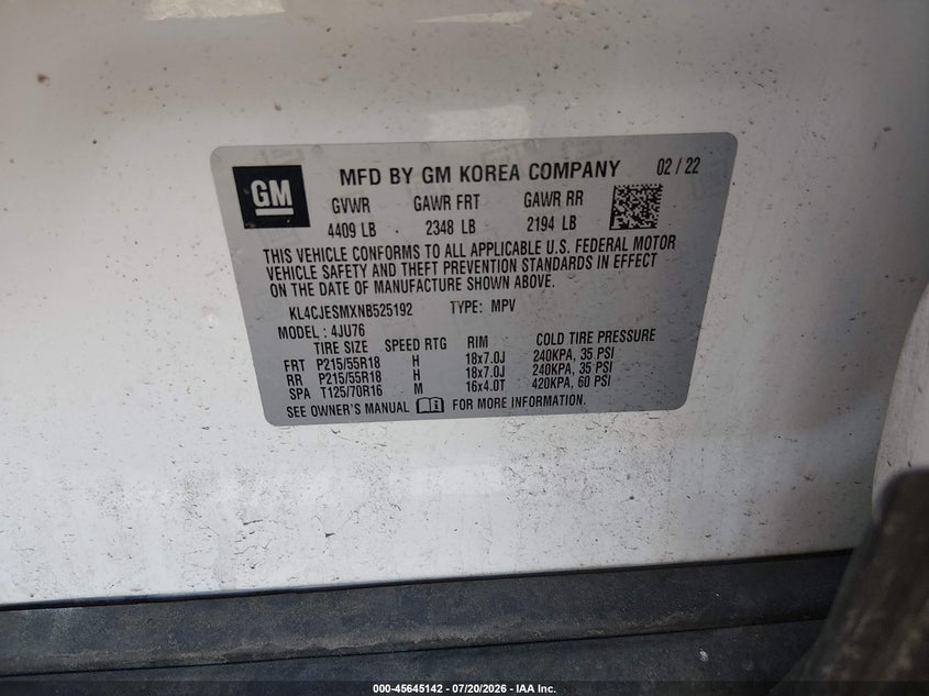 2022 Buick Encore Awd Preferred VIN: KL4CJESMXNB525192 Lot: 45645142