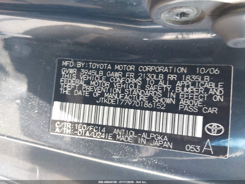 2007 Scion Tc VIN: JTKDE177970186152 Lot: 45645158