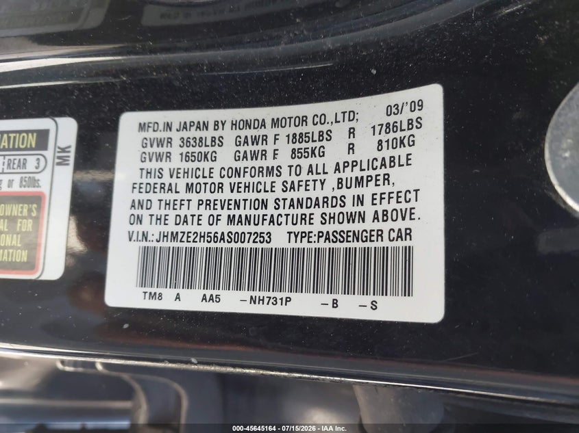 2010 Honda Insight Lx VIN: JHMZE2H56AS007253 Lot: 45645164