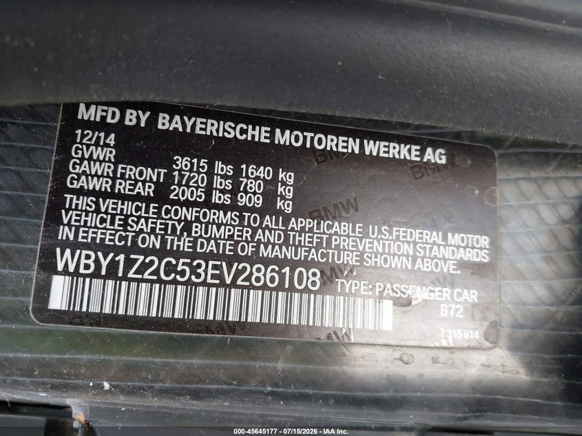 2014 BMW I3 VIN: WBY1Z2C53EV286108 Lot: 45645177