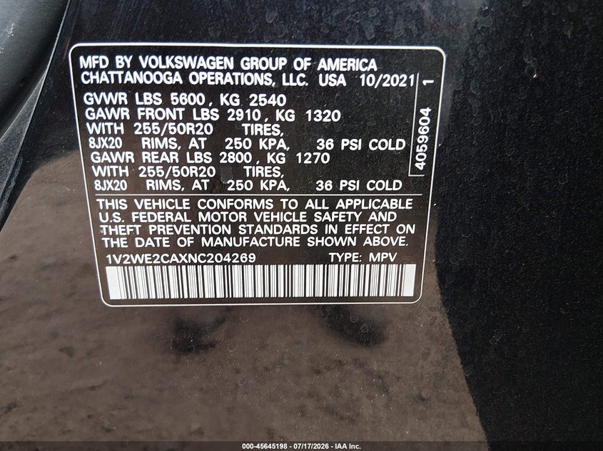 2022 Volkswagen Atlas Cross Sport 3.6L V6 Se W/Technology VIN: 1V2WE2CAXNC204269 Lot: 45645198