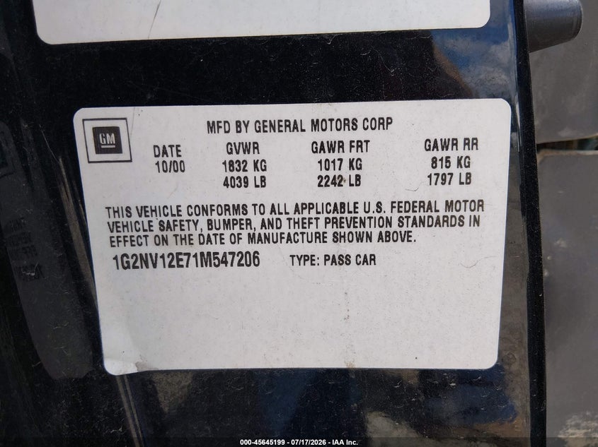 2001 Pontiac Grand Am Gt1 VIN: 1G2NV12E71M547206 Lot: 45645199