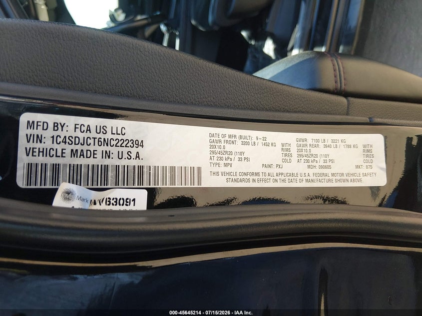 2022 Dodge Durango R/T Awd VIN: 1C4SDJCT6NC222394 Lot: 45645214