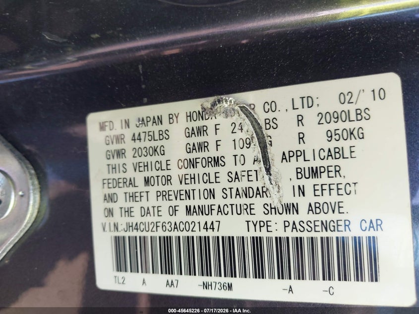 2010 Acura Tsx 2.4 VIN: JH4CU2F63AC021447 Lot: 45645226