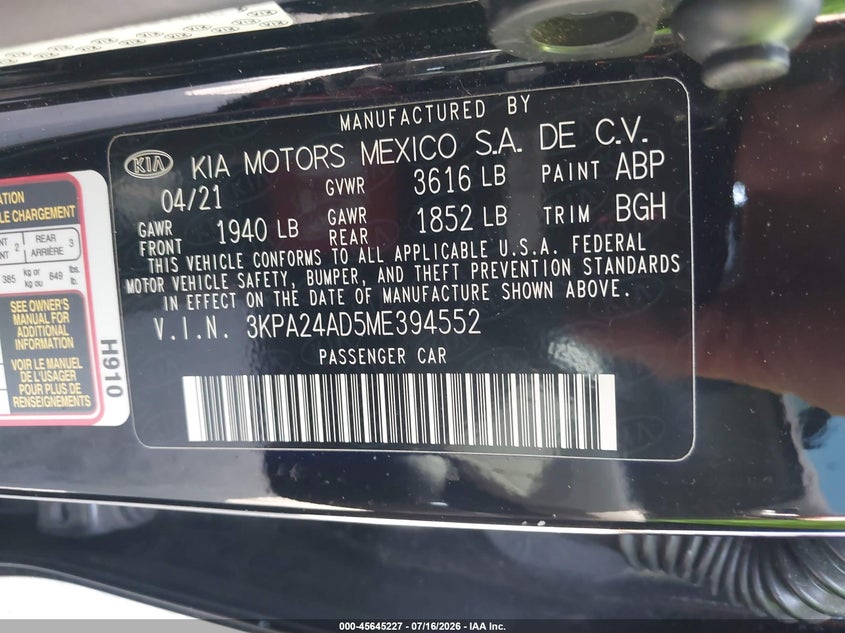 2021 Kia Rio S VIN: 3KPA24AD5ME394552 Lot: 45645227